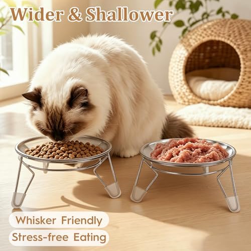 Cat Food Bowls,6.7" Extra Wide Raised Stainless Steel Cats Food Whisker Fatigue Shallow Dishes with Anti-Slip Metal Stand, for Indoor Fat Faced Cat Kitten and Small Dog Puppies-2pack - Image 4