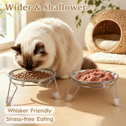 Cat Food Bowls,6.7" Extra Wide Raised Stainless Steel Cats Food Whisker Fatigue Shallow Dishes with Anti-Slip Metal Stand, for Indoor Fat Faced Cat Kitten and Small Dog Puppies-2pack - Image 4