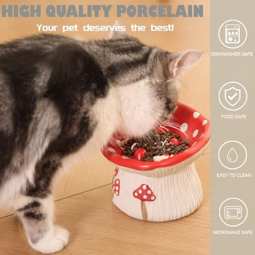 Ceramic Cat Slow Feeder, Cute Mushroom Shape Elevated Food Bowl, Shallow Raised Cat Dish, Anti Vomiting Whisker Fatigue Bowls - Image 4