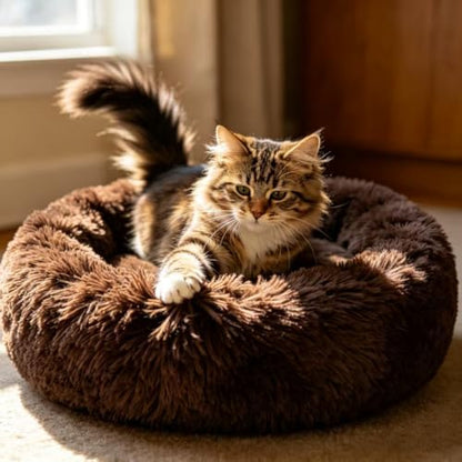 Cat Beds for Indoor Cats - Cat Bed Washable 20/24 inches, Dog Beds for Small Medium Dogs, Anti Anxiety Round Fluffy Plush Faux Fur Pet Bed, Thick Bottom (Coffee, Medium) by Unknown