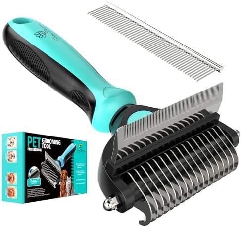 Spring Blossoms-2 in 1 Professional Grooming Rake for Cats & Dogs-Dematting Comb for Easy Mats & Tangles Removing,Pet Brush Safe No More Nasty Shedding and Flying Hair (Cyan) by SPRINGBLOSSOMS