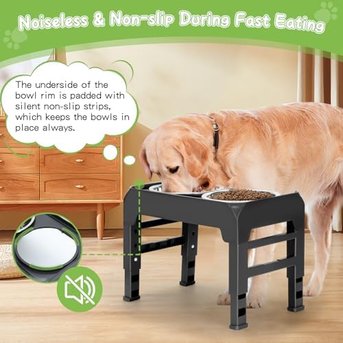 Elevated Bowls with Adjustable Heights - Raised Stand with 2 Stainless Steel Food Bowls, Non-Slip Foldable Feeder for Medium Large Dogs, Adjusts to 12.36", 10.75", 9.2", 3.7", Black - Image 5