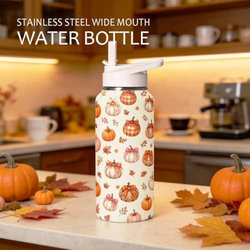 32 oz Fall Pumpkin Bow Insulated Water Bottle with Straw Lid, Stainless Steel Vacuum Leak Proof Flip Top Sports Water Bottle, Autumn Reusable Travel Mug for Gym Hiking, Fall Decor Gift for Women Girls - Image 5