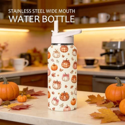 32 oz Fall Pumpkin Bow Insulated Water Bottle with Straw Lid, Stainless Steel Vacuum Leak Proof Flip Top Sports Water Bottle, Autumn Reusable Travel Mug for Gym Hiking, Fall Decor Gift for Women Girls - Image 5