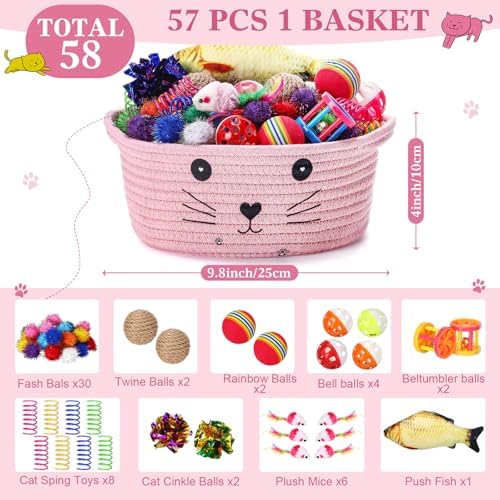 Zopeal 58 Pcs Cat Toy Set with Storage Basket Indoor, Pink, 9.8 Inch - Image 2
