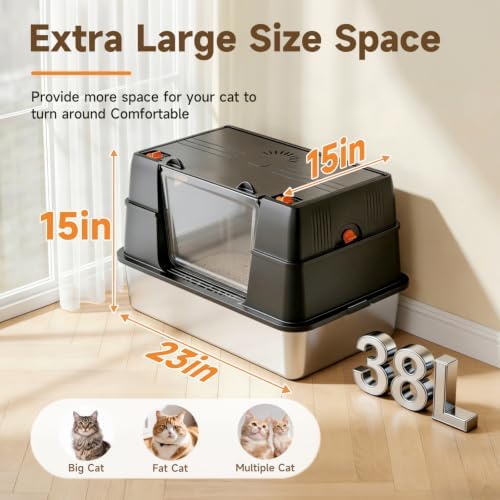 Stainless Steel Litter Box with Lid, High Sided Enclosed Metal Litter Box for Big Cats, Easy Cleaning Anti-Urine Leakage, Non-Sticky Cat Box, Front Entry Top Exit KittyBox, Includes Mat & Scoop - Image 2
