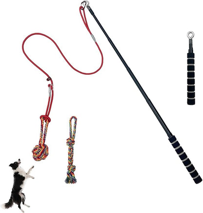 Flirt Pole for Dogs with Rope Toys, Adjustable Lightweight Interactive Pet Training Pole for Small to Medium Dogs (Red)
