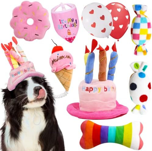 lilfrd 9Pcs Pink Dog Birthday Toy Set, Squeaky Hat Bandana Gift for Dogs by Lilfrd