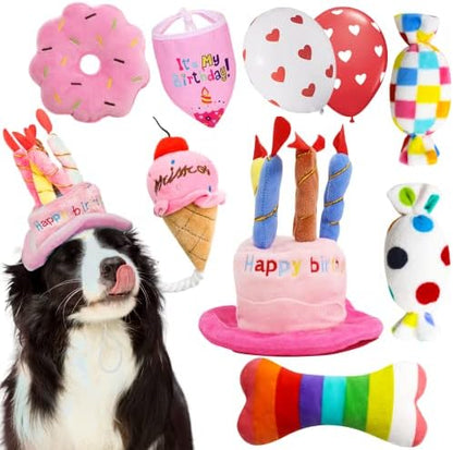 lilfrd 9Pcs Pink Dog Birthday Toy Set, Squeaky Hat Bandana Gift for Dogs by Lilfrd