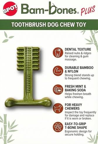 SPOT Bam-Bones Plus Toothbrush Dog Chew Toy for Large Dogs 60-90 lbs, Bamboo & Nylon Dental Chew with Mint & Baking Soda, T-Bone Shape for Moderate to Heavy Chewers, 7 Inch - Image 2