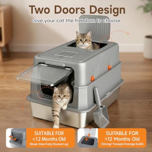 Enclosed Stainless Steel Litter Box, XL Covered MetalPan Includes Mat Scoop - Image 7
