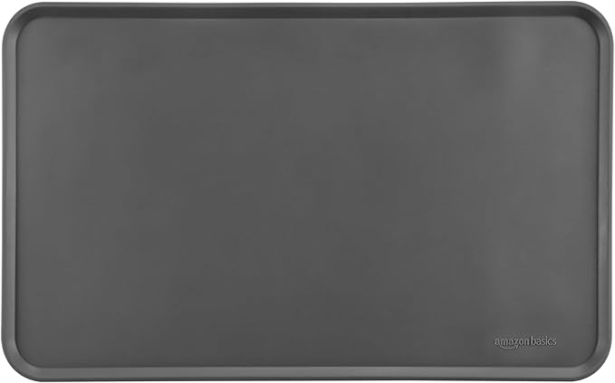 Amazon Basics Waterproof Non-Slip Silicone Pet Feeding Mat with Raised Edges, Prevents Spills, Easy to Clean, Protects Floors for Cat & Dog Food and Water Bowls, 18.5 x 11.5 Inches, Gray