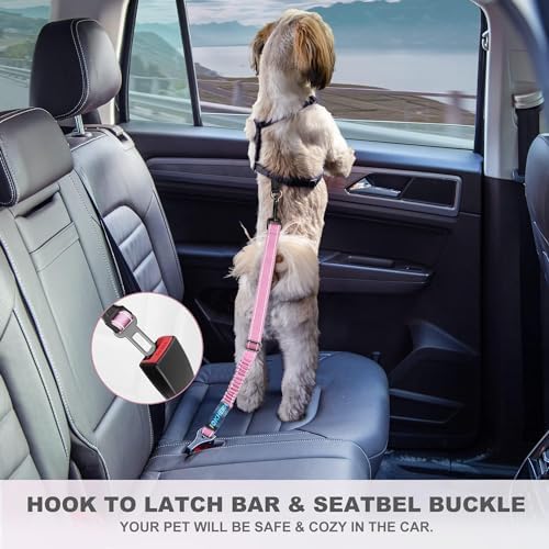 IOKHEIRA Dog Seat Belt 3-in-1 Car Harness for Pets Adjustable Safety Seatbelt Nylon Reflective Bungee Fabric Dog Car Harness with Clip Hook Latch & Buckle, Swivel Zinc Alloy Carabiner (Pink) - Image 7