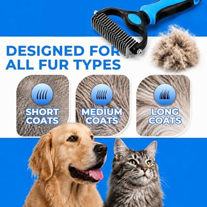 2-in-1 Double-Sided Pet Grooming Comb for Dogs & Cats - Deshedding Brush & Rounded-Tooth Dematting Tool | Painlessly Removes Knots, Tangles, Loose Undercoat & Fur in Thick/Long Coats (Blue-Large*2) - Image 2