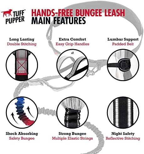 Tuff Pupper Heavy Duty Hands Free Dog Leash | Two Small/Medium Dogs Up to 90 lbs | Comfortable Shock Absorbing Bungee | Reflective Padded Handles | Lumbar Waist Belt 28-50" | Jogging Running Leash - Image 3