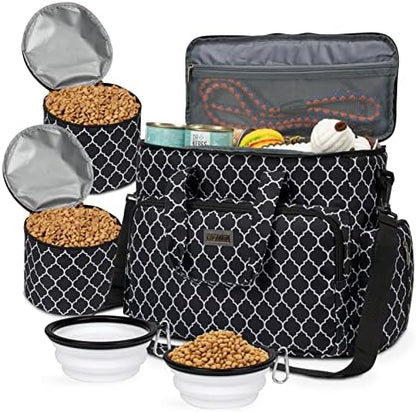 BAGLHER Dog Travel Bag, Pet Travel Bag (ALL Pet Travel Supplies), With 2 Pet Food Containers and 2 Collapsible Silicone Bowls; Essential Kits for Pet Travel DLblack by BAGLHER