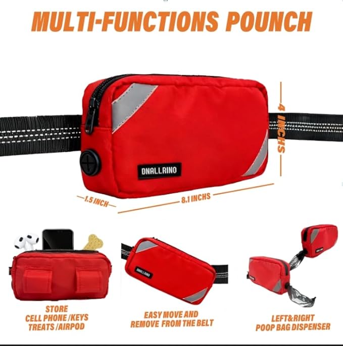 Hands Free Dog Leash with Waterproof Pouch, Adjustment Bungee Leash with Dual Soft Padded Handles for Hiking, Walking, Jogging and Running Your Dogs(Red)