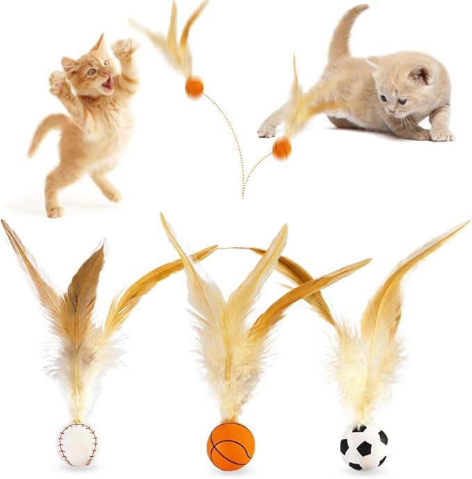 Cat Feather Bouncy Ball Toys, 3 PCS Cat Bulk Bouncy with Feathers, Elastic Bouncy Ball Cats Toys Set for Bored Indoor Adult Kitten Cats