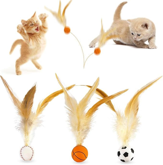 Cat Feather Bouncy Ball Toys, 3 PCS Cat Bulk Bouncy with Feathers, Elastic Bouncy Ball Cats Toys Set for Bored Indoor Adult Kitten Cats