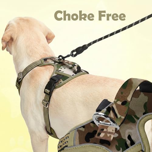 Funfox Dog Harness No Pull, Adjustable Pet Vest Harness, Super Soft Material with Vertical Handle Easy Control, Reflective Night Walking, 2 Leash Clips for Large Dogs, Camo Green, L - Image 3
