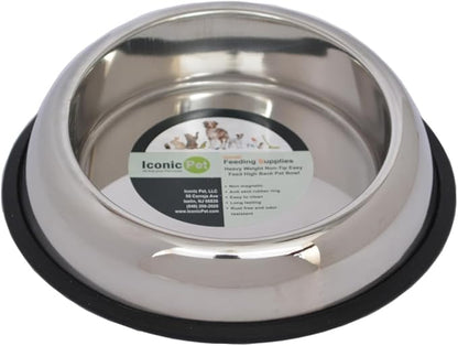 Iconic Pet 8 Cup/64 Oz Heavy Weight Non-Skid Stainless Steel High Back Pet Food/Water Bowls with Removable Anti Skid Rubber Ring - Dog/Cat Feeding Bowl in Unique Design, Dishwasher Safe