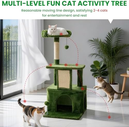 32.8inch Small Cat Tree Tower Condo for Indoor Cats, Soft Plush Multi-Level Climbing Tree Cat House with Cat Cave, Scratching Post, Sisal Rope, Green - Image 6