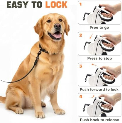 Retractable Dog Leash with LED Light & Reflective Tape for Night Walk, 16ft Dog Leash with Poop Bag Dispenser, Chew-Proof Steel Cable, One-Button Brake & Lock for Medium Dogs up to 66 lbs (BLK&WHT) - Image 4