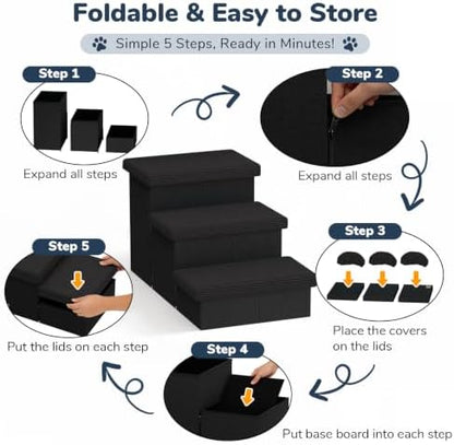 3-Step Wide Dog Stairs 18" H with Removable Cover, Non-Slip Storage Pet Steps for High Bed Couch, Pet Stairs for Small/Medium/Large Old Dogs Puppy Up to 200lbs, Cat Dog Steps for Car, Black - Image 4