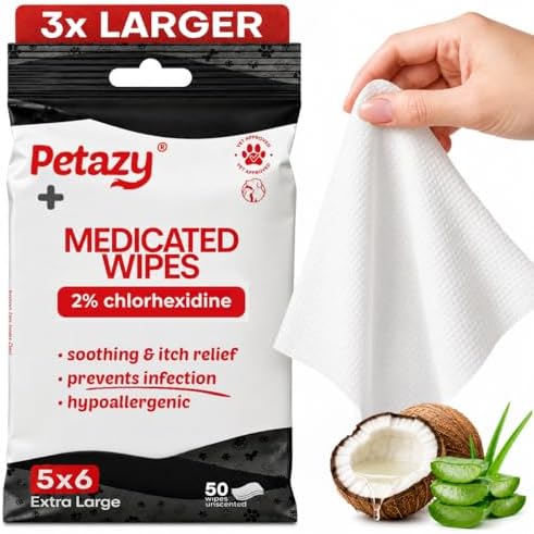 Petazy 2% Chlorhexidine Wipes for Dogs 3X Larger | Yeast Infection Ringworm Fungus Hot Spot Itch Relief | Medicated Antibacterial Antifungal Gentle Soothing Topical Wipes for Dog Cat | 50 Wipes 5x6 by Petazy