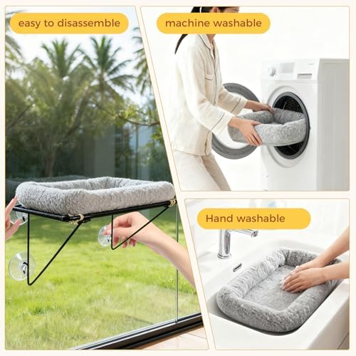 Cat Window Perch, Cordless Cat Hammock Window Seat with Sturdy Metal Frame Supports and 4 Strong Suction Cups (Grey, Short Hair) - Image 5
