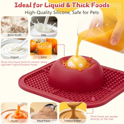 Slow Feeder Dog Bowls & Lick Mat for Liquid and Thick Treat, Anti-Slip Dog Lick Bowl with Interactive Rolling Ball, 5/6 Cup Pup Licking Toy for Large Medium Small Dogs and Cats Red - Image 3