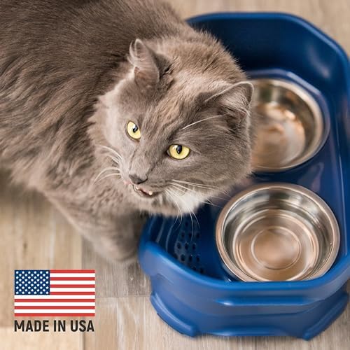 Neater Pet Brands Neater Feeder Deluxe Mess Proof Cat Bowls Elevated, Made in USA, No Spill Raised Bowls for Indoor Cats, Stainless Steel Food and Water Bowl Set, Pet Dish Feeding Station, Dark Blue - Image 2