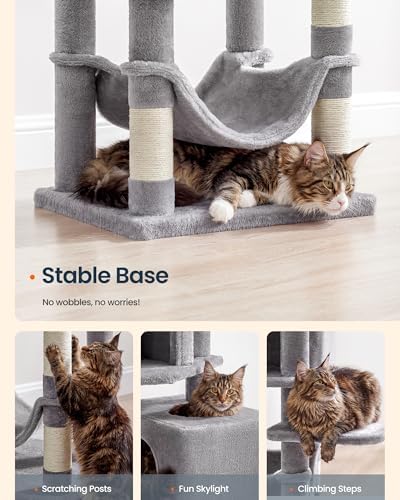 SONGMICS HOME Cat Tree for Indoor Cats, Multi-Level Cat Tower with Sisal Scratching Posts, Hammock and Condo, Light Gray - Image 7