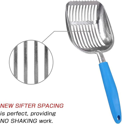 The Latest Update Metal Cat Litter Scoop POLISHING Blue Handle,Aluminum Alloy with TABS/Round Teeth Pet Kitty Litter Scooper