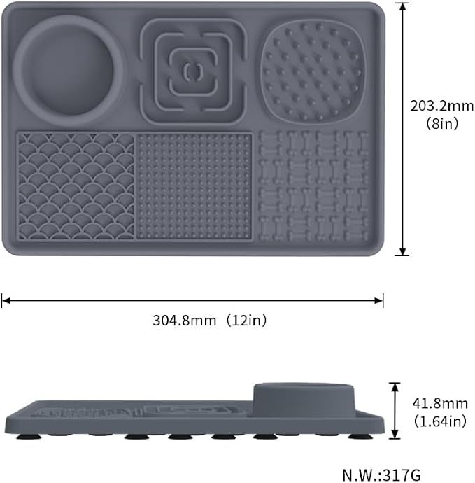 Lick Mat for Cats, Dog Anxiety Relief Slow Feeder with Suction Cups, Non-Slip Silicone Dog Enrichment Treat Mat, Easy to Clean Cat Puzzle Feeder, Lick Mats for Dogs Cats, Grey, 12"x8"