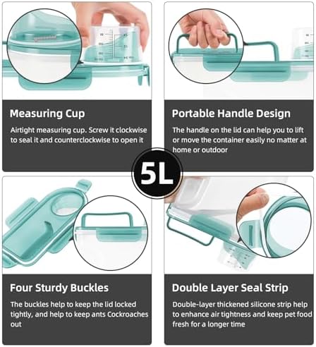 LEAWALK 2Pack Cat Dog Food Storage Container with Upgraded Large Nozzle BPA-free, 3+5lbs Plastic Pet Food Containers with 4 Sealed Clasps/1 Measuring Cup/ Handle Easy to Clean and Carry (Clear Blue) - Image 4