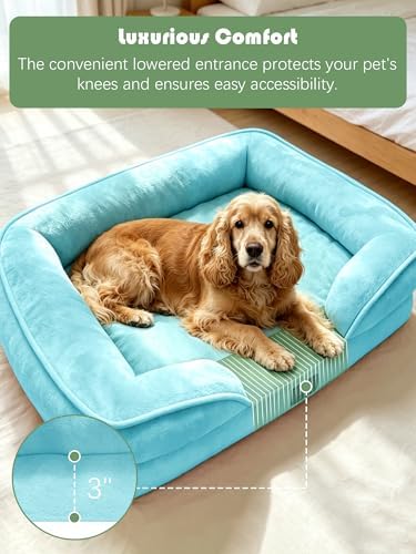Spotted Play Orthopedic Dog Bed with Sides - Sofa Beds for Large Dogs, Supportive Foam Pet Couch Bed with Washable Removable Cover, Waterproof Lining and Non-Slip Bottom, Ice Blue - L - Image 3