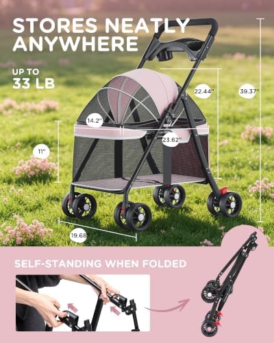 GTPLAYER Foldable Pet Stroller for Small Dogs and Cats, Holds Up to 33 lb, 4 Wheel, Full Mesh Ultra Breathable, Safety Tethers, Cup Holder & Poop Bags Included, Pink - Image 2