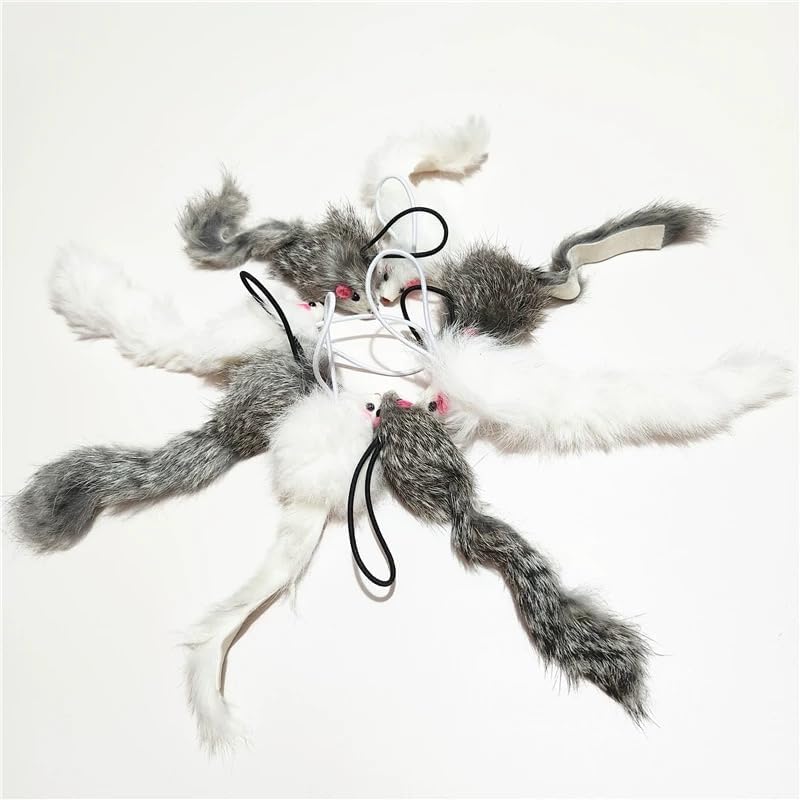 Real Rabbit Fur Mouse Cat Toy - 5 Pack with Crinkle Sound, Rattle & Rope, Extra-Wide Durable Tail, Interactive Hunting Toys for Indoor Cats (No Catnip) by Caticalife