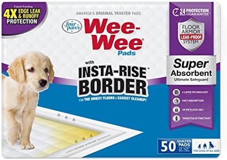 Four Paws Wee-Wee Super Absorbent Unscented Pee Pads for Dogs & Puppies with Insta-Rise Border, Leak-Proof Dog Housebreaking Potty Training Floor Protection, 22" x 23", 50 Count by FourPaws