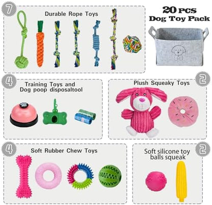 MRSOHRET 20Pcs Puppy Chew Toys for Teething, Dog Chew Rope Toys, Pet Dog Toothbrush, Treat Balls, Plush Squeaky Toy for Small Medium Dogs with Basket - Image 2