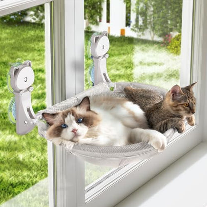 JUNSPOW Cat Window Perch Cordless, Glow in The Dark & Stable Cat Beds- Breathable Window Hammock for Overlooking, Sunbathing and Climbing - Maximum Hold Up to 40lb(Light Grey) by JUNSPOW