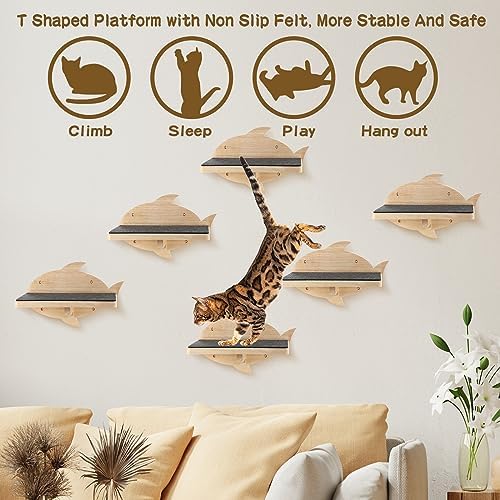 Lenwen 6 Set Cat Wall Shelves, Wood Cat Climbing Step, Wall Mounted,Fish - Image 5