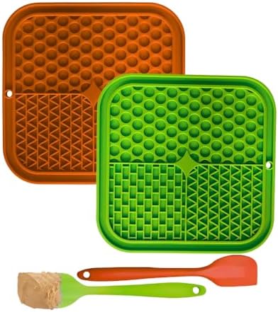 Dog Lick Mat 2-Pack (Orange & Green) with Spatulas – Silicone Licking Pads for Dogs & Cats, Peanut Butter Slow Feeder, Strong Suction, Anxiety Relief for Bath & Grooming, Dishwasher-Safe by TheQPets