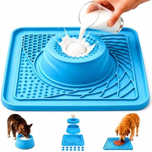 Mo'mota Slow Feeder Dog Bowls, 3-in-1 Freezer-Safe Lick Mat & Rolling Treat Ball, Anti-Spill Feeding Station for Dogs & Cats, 36 Strong Suction Cups, Food-Grade Silicone, Blue by Momota