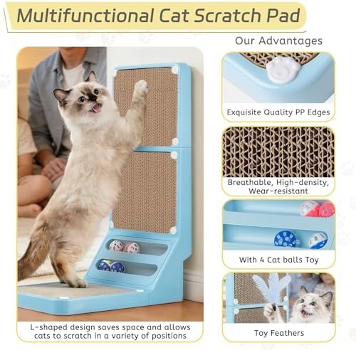 Cat Scratcher Cat Scratch Pad L Shape Wall Mounted Dual Use (Vert/Horiz) Kitten Bunifa Scratching Card Board Vertical Post with Ball Toys Feathers,Protecting Furniture Core is Replaceable Large Blue - Image 3