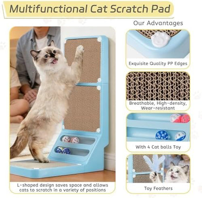 Cat Scratcher Cat Scratch Pad L Shape Wall Mounted Dual Use (Vert/Horiz) Kitten Bunifa Scratching Card Board Vertical Post with Ball Toys Feathers,Protecting Furniture Core is Replaceable Large Blue - Image 3