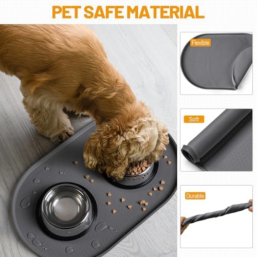 Hubulk 100% Waterproof Silicone Pet Feeding Mat with Raised Edge for Food and Water, Dog Bowl Mats, Cat Bowls Placemat with High Lip Protects Floor for Cats and Dogs (Gray, 16" L x 10" W) - Image 5