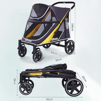 Large Dog Stroller-4 Wheel Pet Strollers for Medium Dogs or 2 Dogs- One-Click Foldable - Large Breathable Mesh & Sunroof - All Terrain Pet Stroller for Medium Senior Dog up to 88 lbs (Yellow)