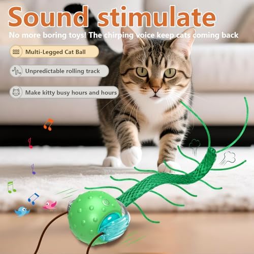 Giociv Interactive Cat Toys for Bored Cats, with Chirping, Centipede Motion Wake-up Super Motor Cat Ball on Rug - Image 2